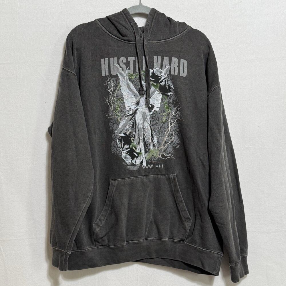 Hustle Hard Angel Graphic Hoodie Washed Gray Vintage Style Pullover Size XL
